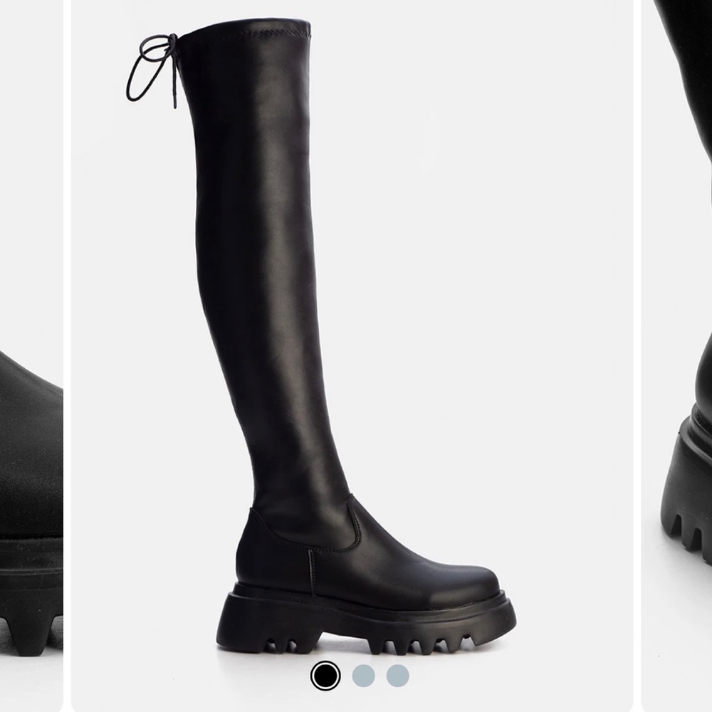 DONATED platform faux leather thigh high boots